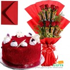send 1 kg red velvet cake n roses five star chocolate bouquet delivery