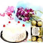 send 1kg white forest cake n ferrero rocher chocolates n orchid bouquet delivery