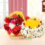 send 1kg pista pineapple cake and 10 mix roses bouquet delivery
