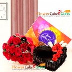 send half kg truffle cake 12 roses bouquet n celebrations chocolates delivery