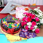 send half kg kitkat gems cake 12 pink roses bouquet chocolate card delivery