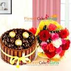 send 1kg kitkat ferrero rocher cake with 15 roses bouquet delivery