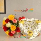 send half kg eggless heart shape rasmalai cake and 10 roses bouquet delivery