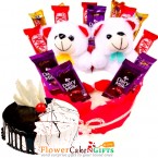 send  half kg eggless choco vanilla cake little teddy chocolate hamper delivery