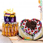 send 1kg heart shape black forest gems cake with two layer chocolate arrangement delivery