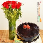 send half kg chocolate truffle cake and 10 roses in vase delivery
