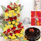 send half kg eggless chocolate truffle cake and 50 red n yellow tall basket  delivery