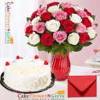 send 1kg eggless white forest cake n 36 red white pink rose in glass vase delivery