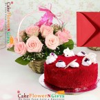 send 1kg red velvet cake and 15 pink roses basket delivery