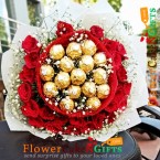 send 25 red roses with 16 ferrero rocher chocolate bouquet delivery
