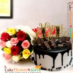 send 1 kg designer chocolate cake and 10 roses bouquet delivery
