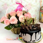 send 1kg eggless designer chocolate cake and 15 roses bouquet delivery