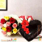 send 1kg eggless heart shape chocolate truffle cake with 10 mix roses bouquet delivery