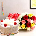 send half kg eggless white forest cake and rose bouquet delivery