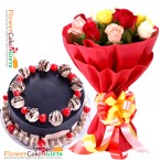 send half kg designer chocolate cake and 10 mix roses bouquet delivery