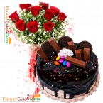 send 1kg eggless choco oreo kit kat cake n 10 roses bouquet delivery