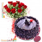 send 1kg eggless death by chocolate cake n 10 roses bouquet delivery