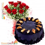 send half kg eggless choco walnut cake n 10 roses bouquet delivery