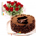 send 1kg eggless choco chip cake n 10 roses bouquet delivery