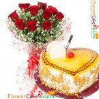 send 1kg eggless butterscotch heart shape cake and 10 roses bouquet delivery