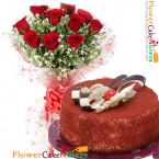 send 1kg eggless red velvet cake heart shape and 10 roses bouquet delivery