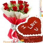 send half kg eggless red velvet cake heart shape and 10 red roses bouquet delivery