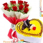 send 1kg eggless pineapple heart shape and 10 roses bouquet delivery