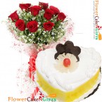 send half kg pineapple heart shape and 10 red roses bouquet delivery