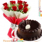 send 1kg eggless chocolate truffle and 10 red roses bouquet delivery