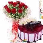 send half kg eggless blueberry vanilla cake and 10 roses bouquet delivery
