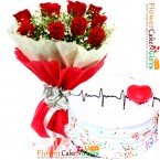 send half kg eggless scrumptious hearty vanilla cake and 10 roses bouquet delivery