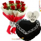 send half kg eggless heart shape chocolate cake and 10 roses bouquet delivery