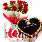 send half kg eggless heart shape gems chocolate cake n 10 roses bouquet delivery