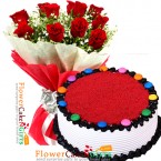 send half kg eggless red velvet gems cake heart shape and 10 red roses bouquet delivery