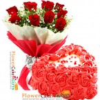 send 1kg eggless strawberry rose cake and 10 red roses bouquet delivery