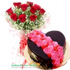 send half kg eggless roses on heart designer chocolate cake and 10 roses delivery