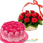send 1kg eggless designer floral chocolate cake n 15 red roses basket delivery