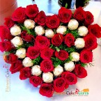 send 28 red roses with 16 ferocher chocolate heart shape arrangement delivery