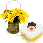 send half kg eggless pineapple heart space 10 gerbera basket delivery