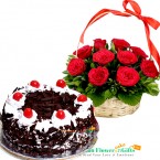 send 1Kg Eggless Black Forest N Red Roses Basket delivery