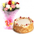 send Eggless Butterscotch Cake N Mix Roses Bouquet delivery