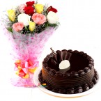 send Eggless Chocolate Traffle Cake N Mix Roses Bouquet delivery