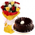 send 1Kg Eggless Chocolate Traffle Cake N Mix Roses Bouquet delivery