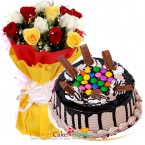 send half kg eggless crunchy munchy kit kat cake n 10 roses bouquet delivery