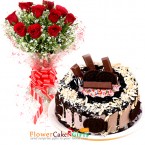 send 1kg eggless cashew kitKat oreo dream drip cake n 10 roses bouquet  delivery