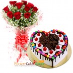 send 1kg eggless black forest heart shape gems cake n 10 roses bouquet  delivery