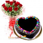 send 1kg eggless chocolate heart shape gems cake n 10 roses bouquet delivery