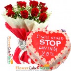 send half kg eggless strawberry heart shape cake n 10 roses bouquet  delivery