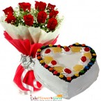 send half kg eggless pineapple gems cake heart shape cake n 10 roses bouquet  delivery