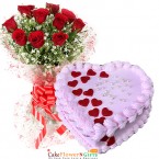 send half kg eggless floral heart vanilla cake 10 red roses basket delivery